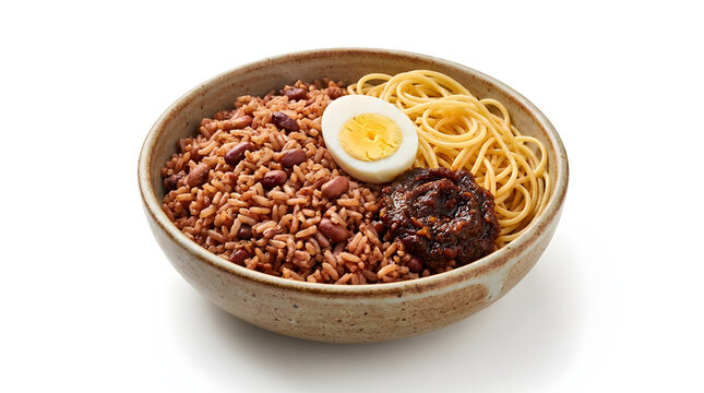 Authentic Ghanaian Waakye meal with spaghetti, egg, and shito sauce, beautifully isolated on a crisp white background