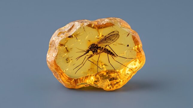 Ancient mosquito trapped inside a piece of golden fossilized amber resin displayed in this detailed macro photograph showing the prehistoric insect preserved for millions of years