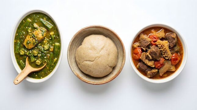 Authentic Ghanaian Tuo Zaafi with delicious Ayoyo soup and meat stew, isolated on a clear white background