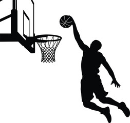 Black Silhouette of a Basketball Player Performing a Slam Dunk into a Hoop for Sports Marketing, Athletic Branding, and Competition Themed Vector Graphic Designs © Emdadul