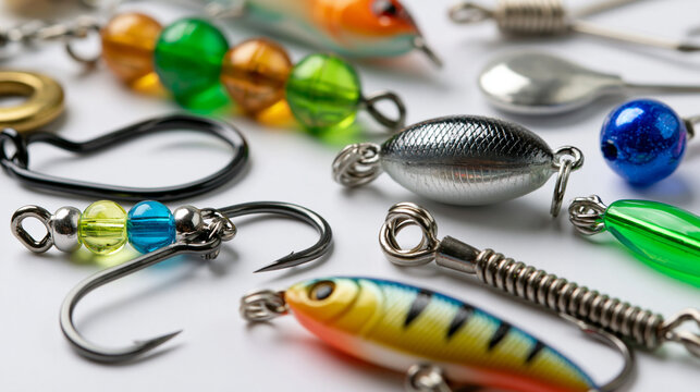 Fishing accessories product collection isolated on white background, angling gear set, fishing hooks swivels sinkers and lures, tackle shop concept, PNG cutout ready, with copy