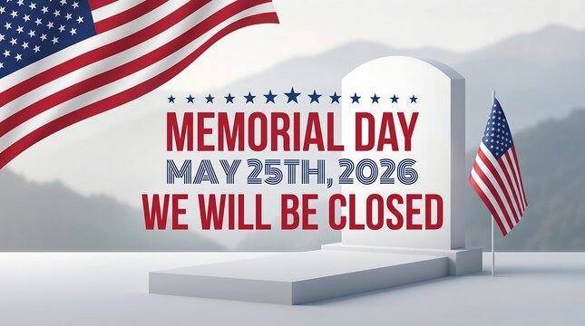 Memorial day 2026 closure announcement sign with american flag and tombstone illustration