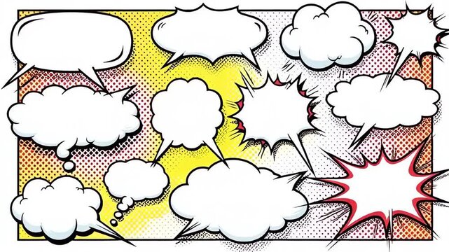 Collection of comic book speech bubbles with halftone background