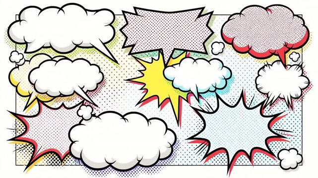 Colorful comic book speech bubbles with halftone background