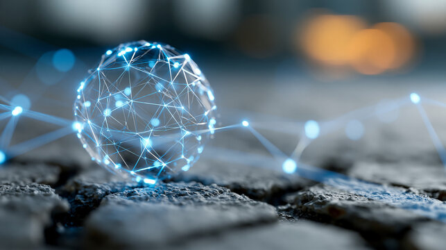 Glowing orb network in cracked earth for an abstract technology and environmental concept. Glowing orb cracked, earth network, abstract tech, environmental concept, with copy space