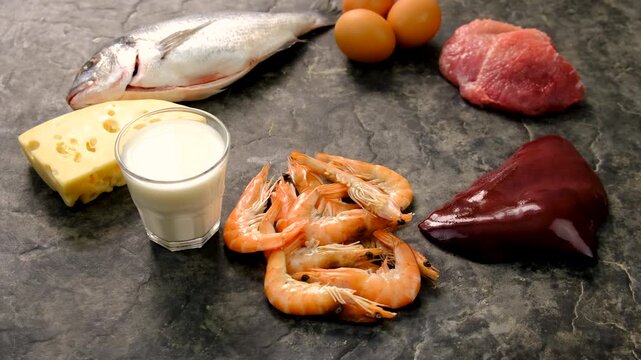 Foods that contain vitamin B12. Selective focus.
