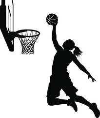 Black Silhouette of a Female Basketball Player Jumping for a Layup or Slam Dunk into a Hoop for Women in Sports Empowerment and Athletic Competition Vector Designs © Emdadul