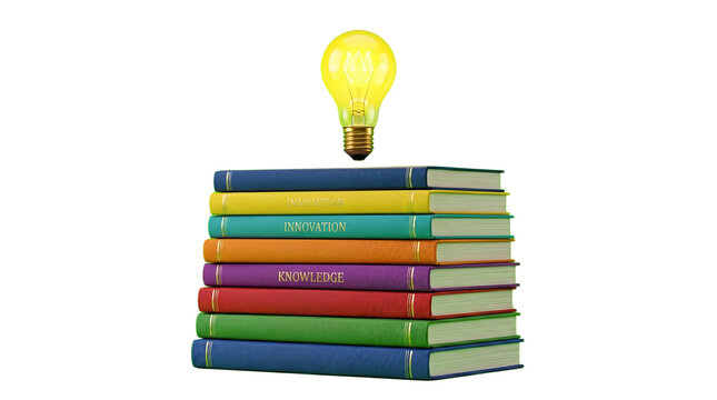 3D stack of colorful books with glowing lightbulb isolated on transparent background