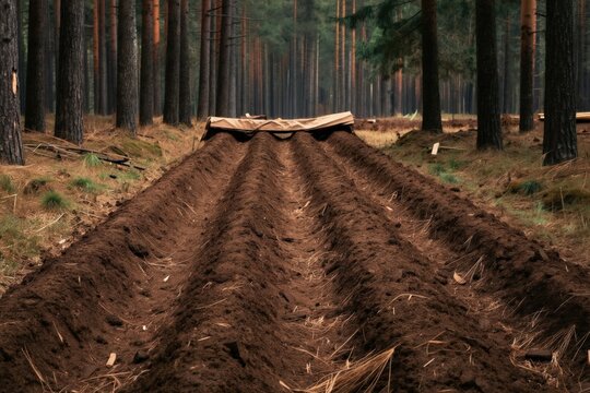 Tilled earth in coniferous forest. Rows of freshly dug soil forming parallel lines. Homemade firebreak protection material laid over earth. Outdoor nature scene.