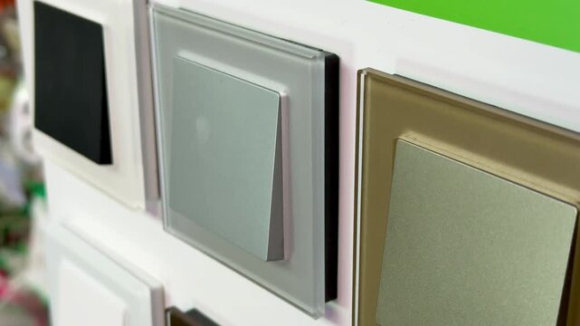 Close-up colorful electrical switches on display showcasing sample board with multiple finishes and colors glossy black, matte