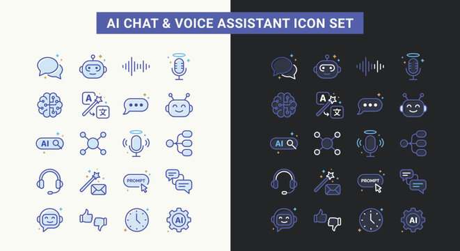 Ai chat and voice assistant icon set with light and dark backgrounds.