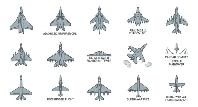 A comprehensive collection of detailed illustrations showcasing various fighter jet models and their aerial combat maneuvers, presented from a top-down perspective.