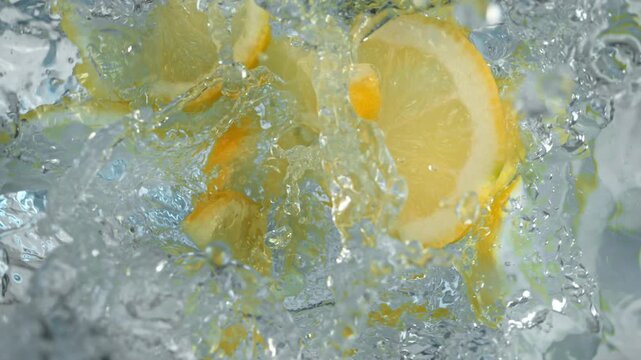 Super Slow Motion Shot of Fresh Lemon Slices Falling into Water at 1000fps.