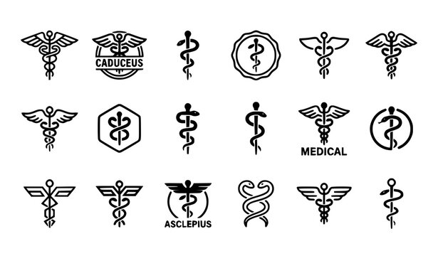 Minimal Black Medical Caduceus And Asclepius Wand Icon Collection