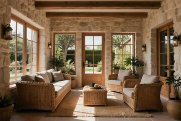 Fototapeta premium Sunroom with stone walls features wicker furniture and large windows. Natural light fills the airy space with views of a green garden. Relaxing rustic interior design offers a peaceful atmosphere.