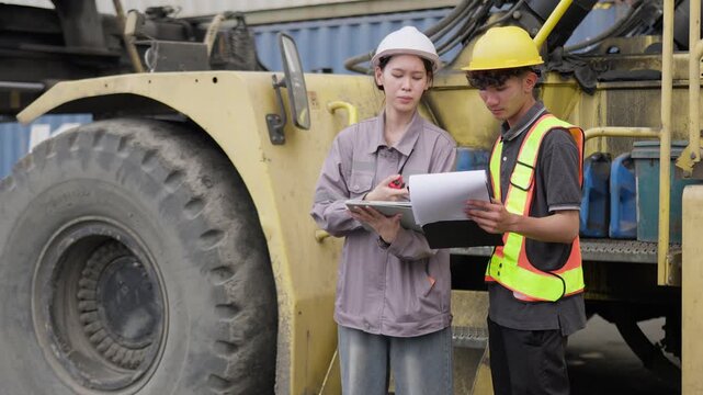 A female supervisor and male worker inspect cargo operations data on a tablet and clipboard, coordinating logistics tasks at an industrial shipping port.