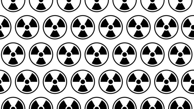 Line drawing seamless pattern featuring international radiation symbols on a transparent background for nuclear science, radioactivity themes, warning designs, and scientific concepts.