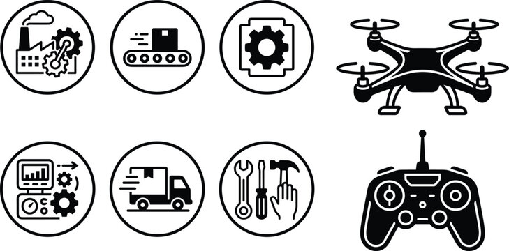 Industrial Drone and Manufacturing Icon Set for Logistics Automation Shipping and Manual Repair Maintenance Services