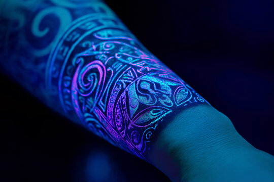 Close-up of a UV blacklight tattoo glowing on a forearm in dark environment, neon blue and purple glow, invisible in daylight concept, nightclub atmosphere