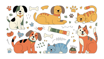 Fototapeta premium Cartoon pet collection with bones and paw prints vector illustration