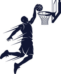 Dynamic Basketball Player Silhouette Performing a Slam Dunk with Motion Speed Lines for Sports Energy, Athletic Competition, and High Action Vector Illustration Designs © Emdadul