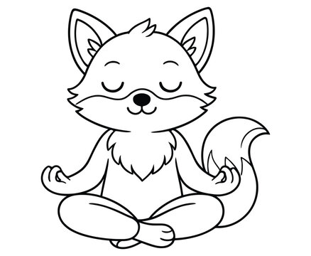 Cute little fox meditating in lotus pose with closed eyes on white background.