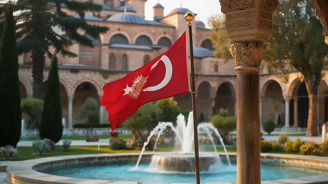 Red Crescent Flag Waving in Ornate Courtyard with Fountain and Stone Arches