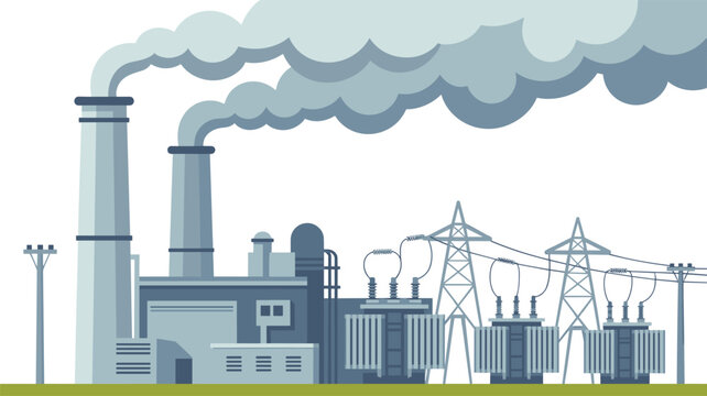 Industrial power plant facility with tall smokestacks emitting plumes of smoke next to electrical substation equipment under a clear white sky.