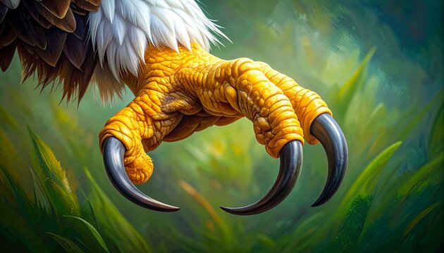 Close-up of bald eagle talon with curved yellow claws on green foliage