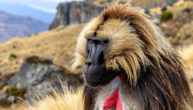 Close-up portrait of male gelada baboon with bright red chest patch in mountain habitat