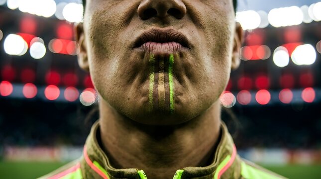 Close Up of Maori Woman with Traditional Moko Kauae Chin Tattoo in Sports Stadium Arena