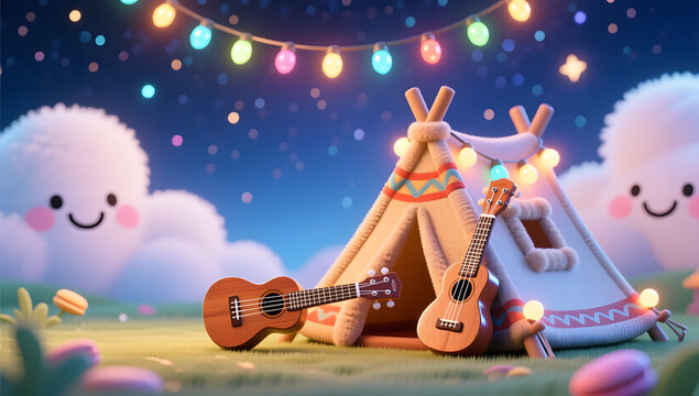 Summer vacation mini indian tent and ukulele cute 3D starry night background
