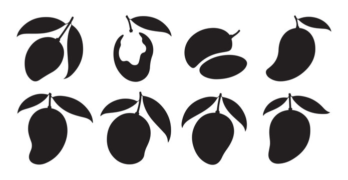 Eight black silhouette mango icons with leaves for fruit food packaging design and healthy lifestyle.
