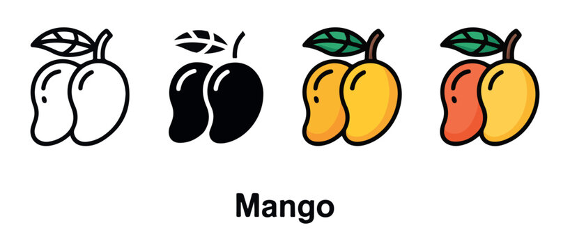 Set of different styles mango icons with outline solid and cartoon color versions on white background.