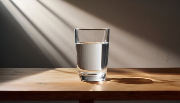 glass of water sits half full on a wooden table light creates shadows on wall behind symbolizes choice perspective possible or impossible