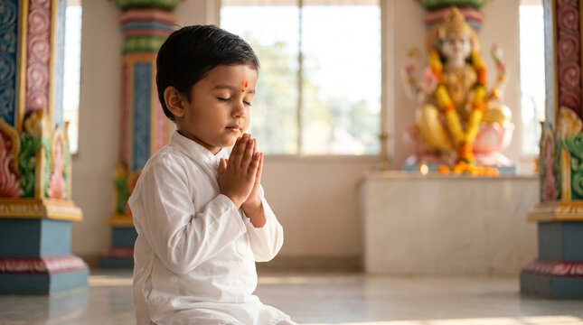 Child pressing small palms together in prayer position inside vibrant Hindu temple, eyes closed, vermillion tilak on forehead, gold deity st