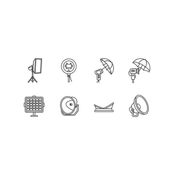 Professional photography studio lighting equipment icons with photography