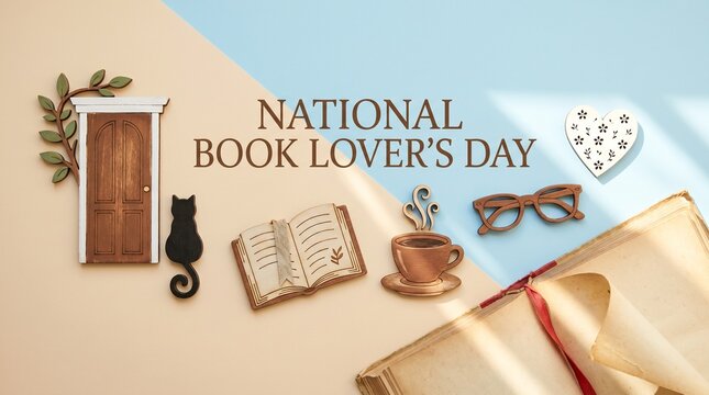 National book lovers day concept with wooden decorations of a door, cat, open book, coffee cup, glasses, and heart on a split beige and blue background