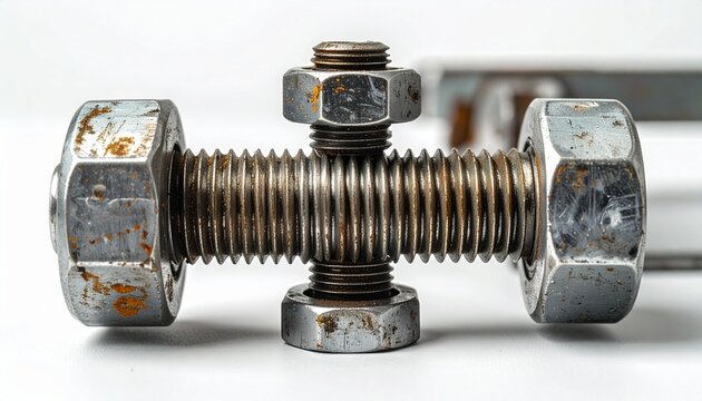 Close-up of rusted metal bolt and nut connection on threaded rod