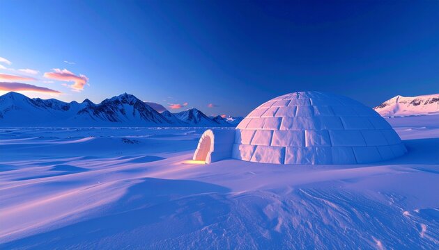 Spiral ice block igloo construction in Arctic snowy landscape at dusk