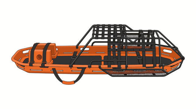 Orange rescue sled with black straps.