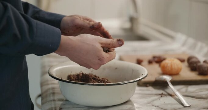 Caucasian man prepares desert at kitchen at home. 4K 10-bit