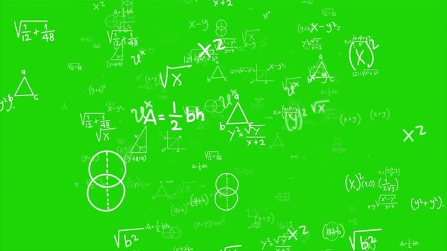 Handwritten mathematical equations and geometric formulas floating on green screen background, science and education concept.