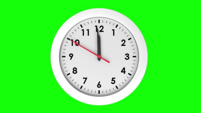 Minimalist white wall clock animation with black numbers and red second hand ticking on a green screen background, 4k time management and deadline concept