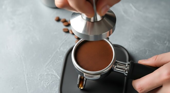 Person tamping fresh espresso grounds in a portafilter