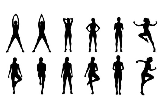 Woman Doing Aerobics Silhouette Black Vector Set for Fitness Workout and Healthy Lifestyle