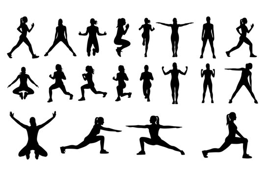 Woman Doing Aerobics Silhouette Black Vector Set for Fitness Exercise and Healthy Active Lifestyle