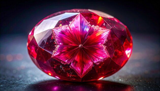 Macro close-up of rare trapiche ruby with six-petal asterism and inclusions