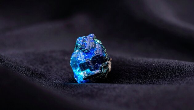 Close-up of rare blue benitoite gemstone glowing under UV light on dark background
