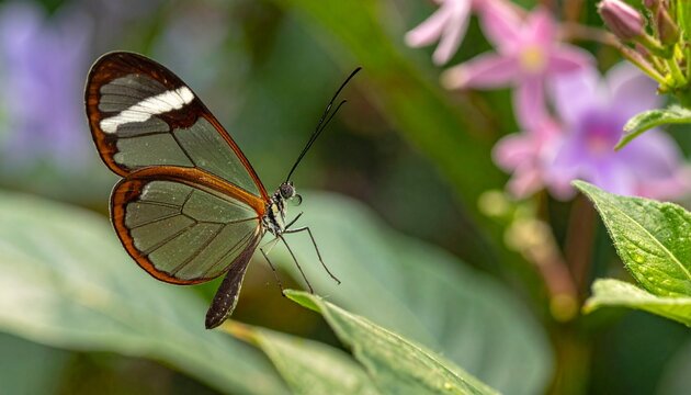 Close-up of glasswing butterfly with transparent wings on green foliage